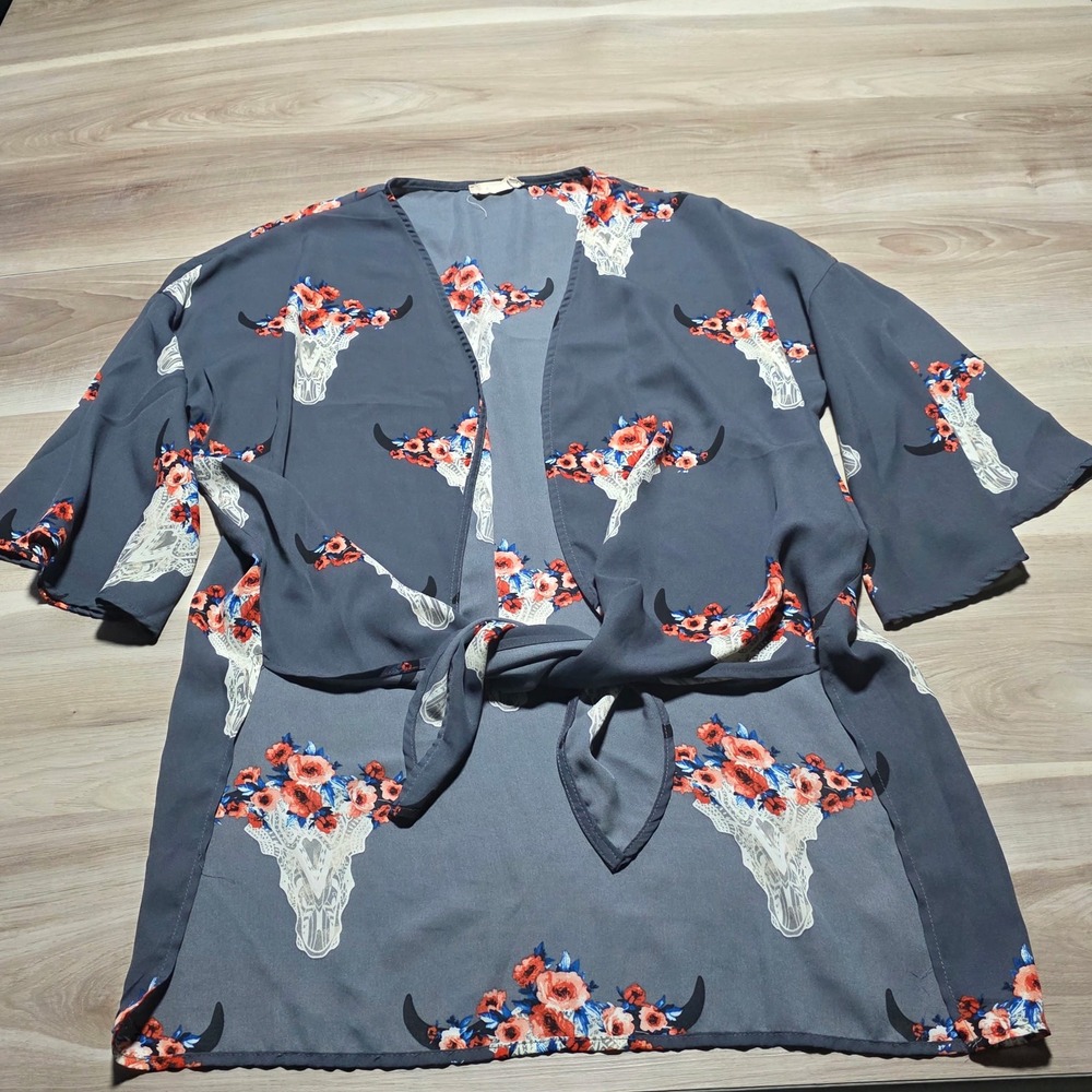 Altar'd State Kimono Top Womens Small  Floral Bull Skull Western Boho Tie Front